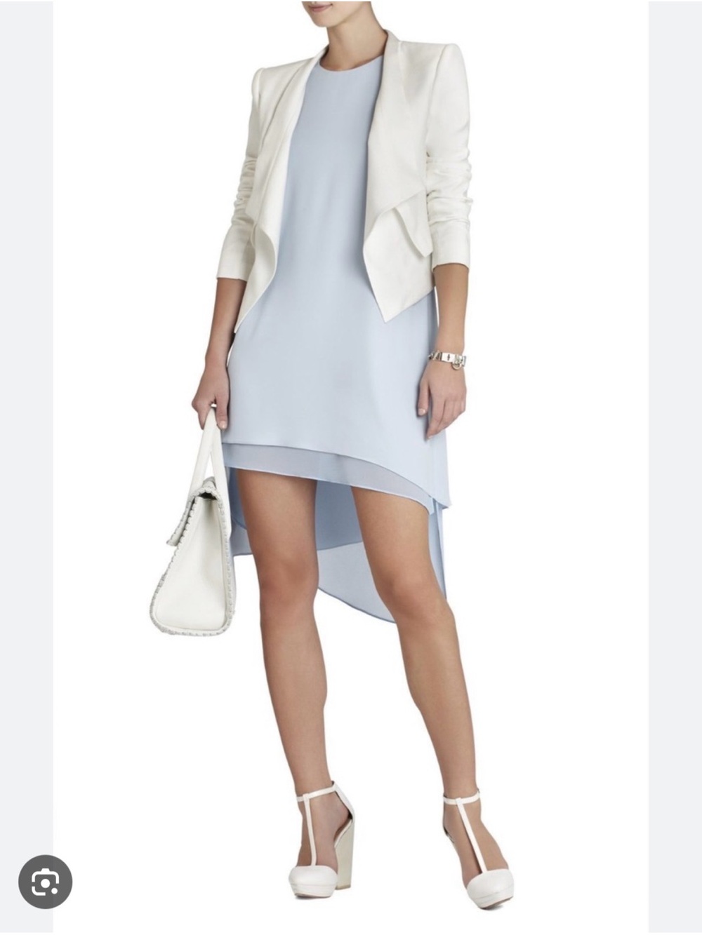 BCBGMaxAzria Pale Blue High-Low Midi Dress with White Jacket